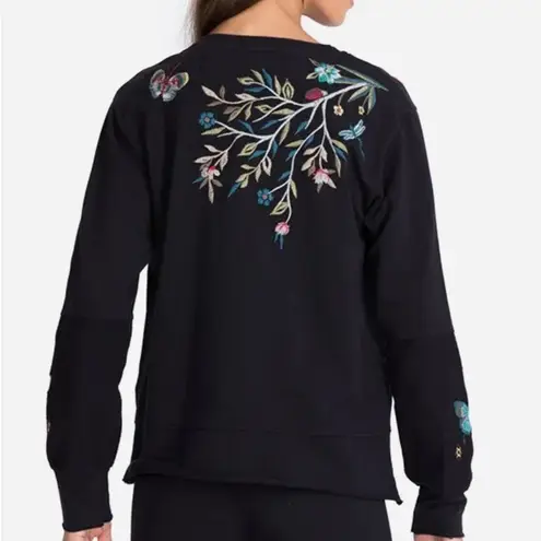 Johnny Was Black Gen French Terry Mix Pullover XXS Red Bird Embroidery