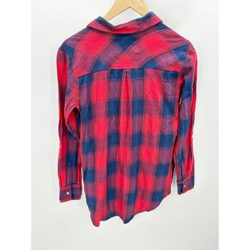 Girl Krazy Shirt Women SMALL Red Blue Plaid Flannel Long Sleeve Button Down