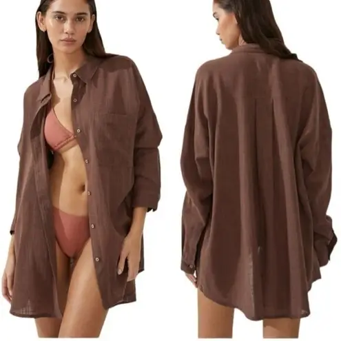 Cotton On Body Organic Cotton Swim Cover Up Beach Shirt Chocolate Size L NWT