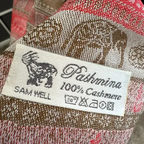 Sam Well Pashmina Long Cashmere Brown and Coral Red Elephant Patterned Scarf