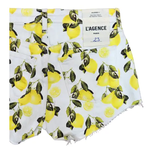 L'Agence  Womens Audrey Mid Rise Shorts | Ivory/Yellow Lemons Size 23 | NWT