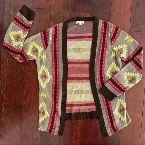 One World  Women’s Brown Geometric Aztec Open Front Cardigan Sweater Size S - Image 1