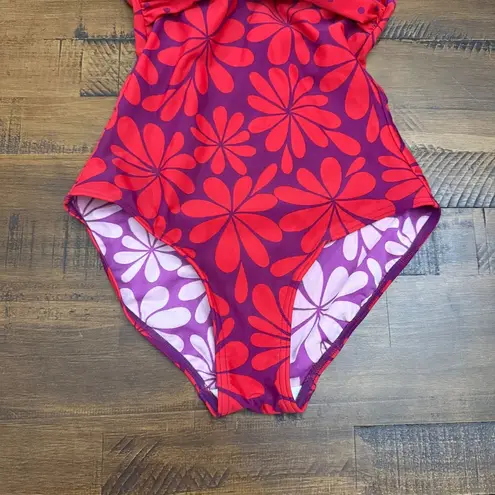 Boden Floral Print One Piece Swimsuit Ruched Twist Front Red & Purple US 2