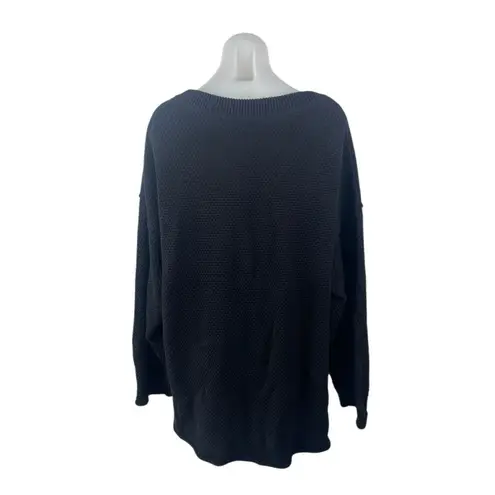 Free People  Hailee Black Waffle Knit Henley Long Sleeve Oversized Sweater Top L