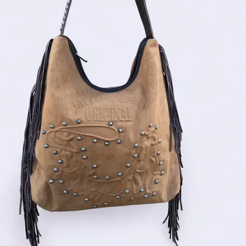 Raviani Brown Fringe Studded Bling Western Hobo Shoulder Bag Purse Cowgirl Leather Canvas American Original #Rodeo #Horse #Rancher #Farmer Measurement in pics Great condition - Image 2