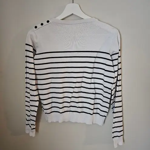 SheIn  Top Blouse Sweater Knit Striped White Black Buttons Crewneck Casual