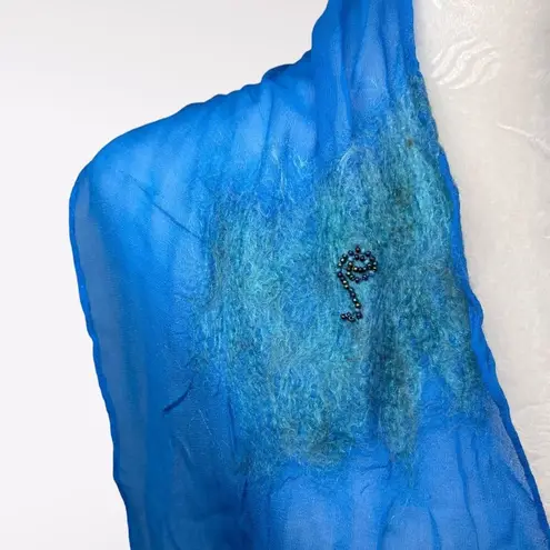 Blue Sheer Silky Scarf Beaded Felted Accents Artistic Lightweight Shawl