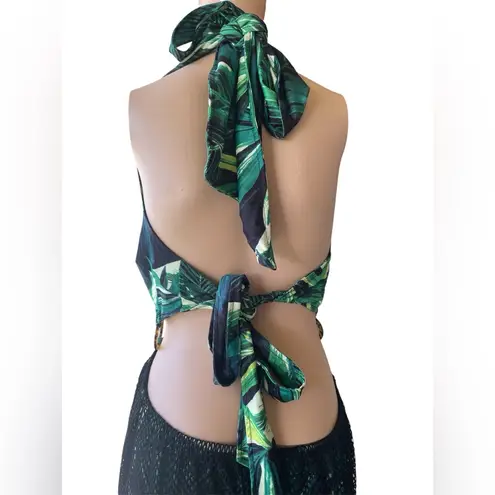 Green Leaf Print Bikini Set with Black Mesh Skirt Size 2X