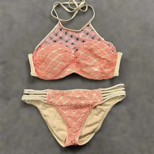 Luli Fama 2 Piece Bikini MEDIUM Crochet Halter Top Hipster Swim Beach Vacation