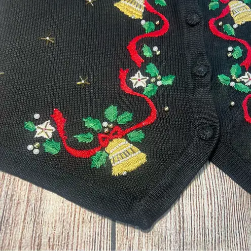 VTG Victoria Jones Christmas Knit Vest Beaded Embroidered Womens Medium Holiday Black