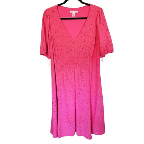 London Times Pink V-Neck Fit & Flare Dress Flowy Smocked Waist 1X Coquette Date