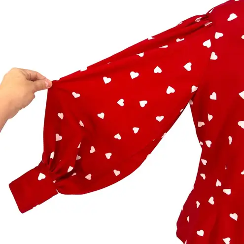 Unique Vintage Gwen Red White Heart Print Blouse Puff Sleeve Size Large