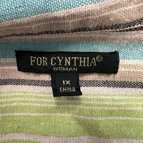 For Cynthia Woman Blue Green Cream Stripe Button Down Shirt Jacket Shacket 1X
