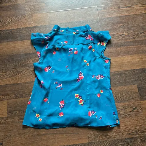 Attention Sheer Floral Cap Sleeve Top with Attached Cami Blue Large