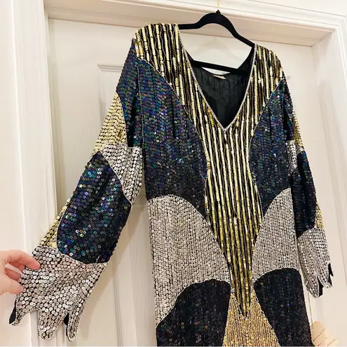 Vintage Sequin 70s Disco Midi Dress 100% Silk Iridescent Black Gold Silver L Size L