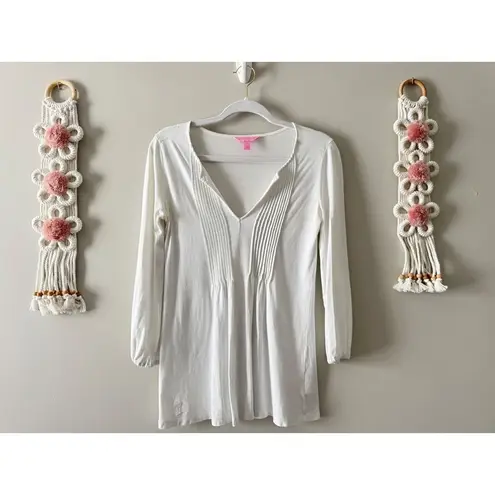 Lilly Pulitzer  Tunic Top Pleated VNeck Long Sleeve White Size Extra Small Cotton