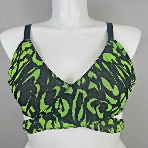 Cacique Bralette Size 42B Bra Mesh Rave Green Black Animal Print Wrap Unlined