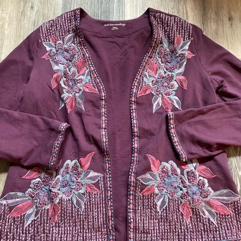 Soft Surroundings Floral Embroidered Mauve Jacket Cardigan Size XS Boho Western