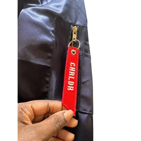 CHRLDR 100% Satin Bomber Jacket with Embroidered Chinese Dragon Blue Size M