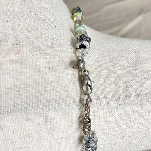 Boho Mixed Bead Necklace Green Blue Silver Handmade Glass & Metal Beads Festival