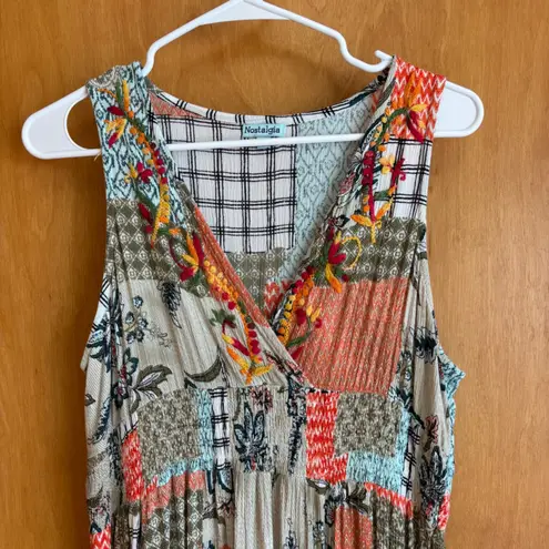 Nostalgia XL Maxi Dress Patchwork Sleeveless Embroidered V Neck Casual Tan