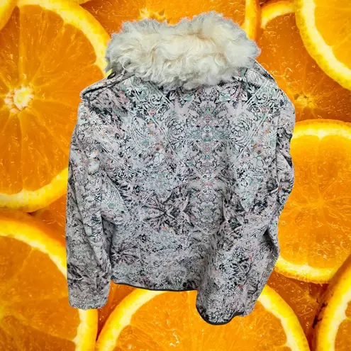 Elevenses Floral Print Jacket Faux Fur Collar Asymmetrical Zip Size 10