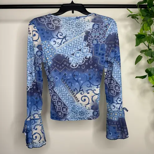 Y2K l.e.i. Printed Long Fluted Sleeve Cottagecore Fairy Boho size L Large Blue