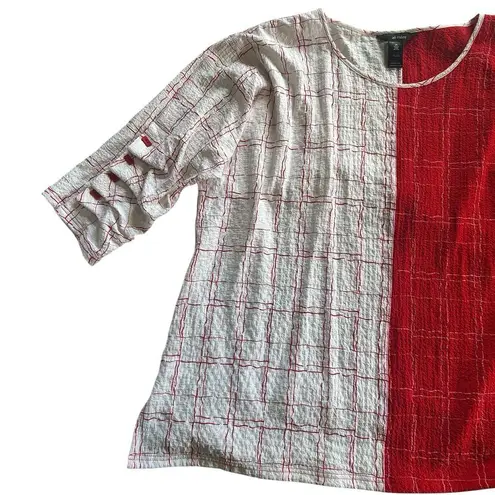 Ali Miles 2X Windowpane Contrasting Tunic Blouse Button 3/4 Sleeve red white
