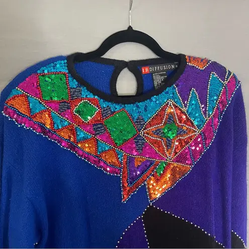 Vintage IB Diffusion Plus Size 1X Sequin Beaded Silk Wool Sweater Tacky 1992 Blue