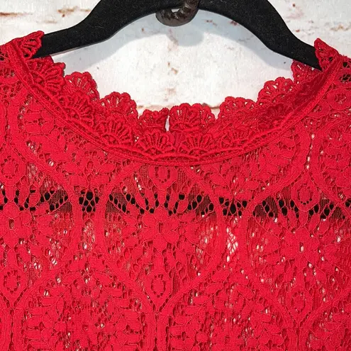 Lulu's short sleeve lace overlay dress XL mock neck eyelash lace back zipper RED