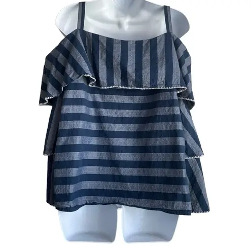 INC Women Top L Blue Monochromic Striped Tiered Flare Sleeve Ruffle Boho Girly Size L