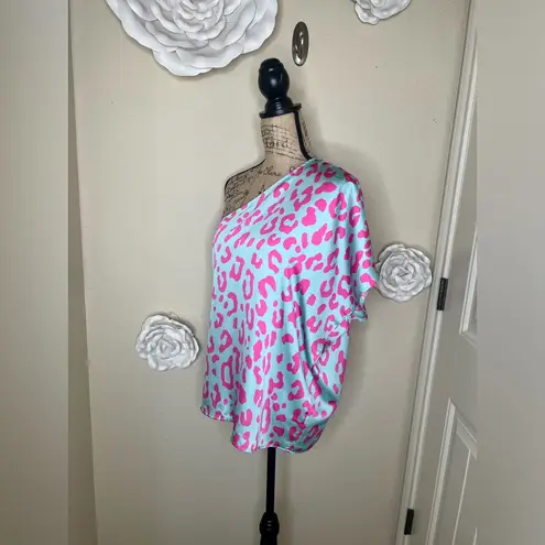 Entro NTM: One Shoulder Minty Blue with Pink Leopard Print Blouse Sz Small