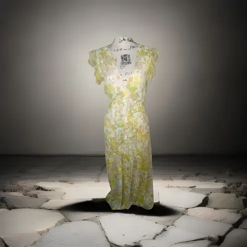 Aakaa Yellow Floral Flutter Sleeve Button-Down Maxi Dress Cottagecore L