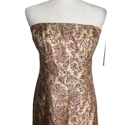 Ideology Strapless Silk Midi Dress Size 8 Gold Pink Lace Trim Zipper Lined