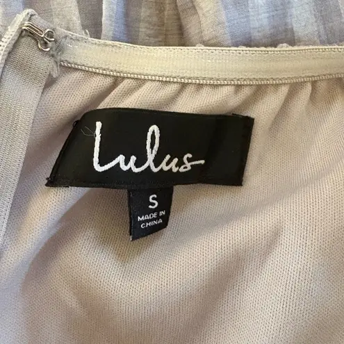 Lulus Tier and Now Dusty Blue Striped Strapless Ruffled Romper Gray