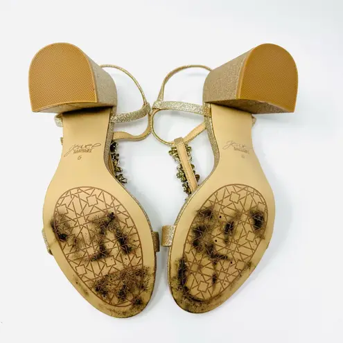 JEWEL BADGLEY MISCHKA gold glitter and CZ ankle wrap block sandals, size 6