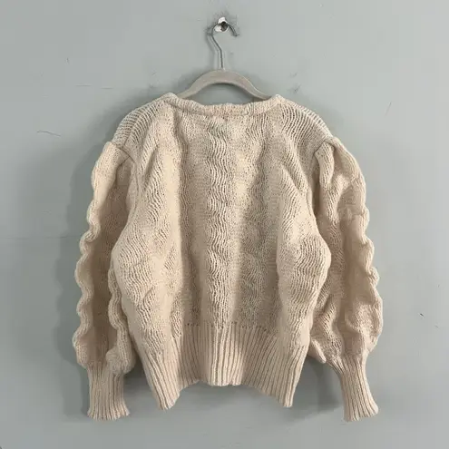 En Creme Flower Button Ivory Cardigan Knit Ballon Sleeve Cottagecore Sweater Size M