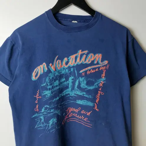On Vacation T Shirt 80s Distressed Vintage Blue Large L USA Travel Leisure Solid