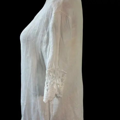 LUNGO LARNO Top Womens M 100% Linen Crochet Trim White Boho Peasant Cottage Core Size M