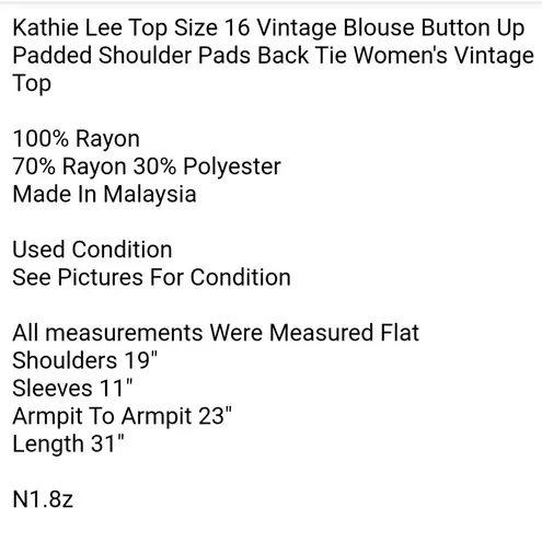 Kathie Lee Top Size 16 Vintage Blouse Button Up Padded Shoulder Pads Back Tie Women's Vintage Top