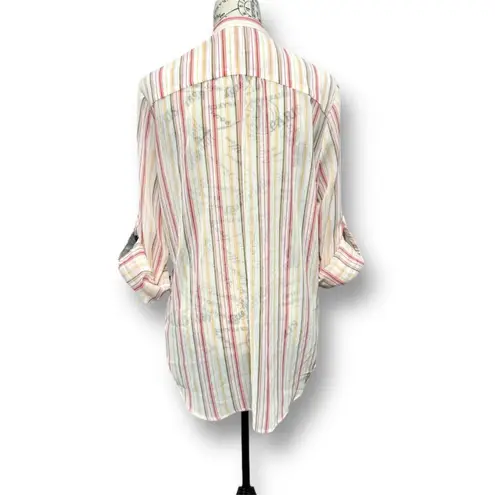 Kut From The Kloth  White Striped Chiffon Sheer Roll Tab Sleeve Boho Coastal Sz L - Image 9