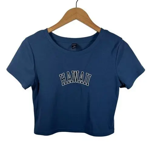 Dazy Top Women XL Blue Hawaii Graphic Embroidery Crop T