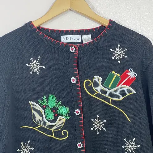 Vtg Christmas Cardigan Ugly Sweater Black XL Bling 90s Y2K Snowflake Sleigh