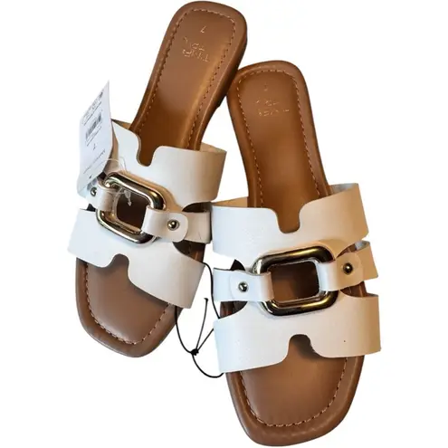 Time and Tru Women's White Slide Sandals With Gold Details Sz 7 NWT
