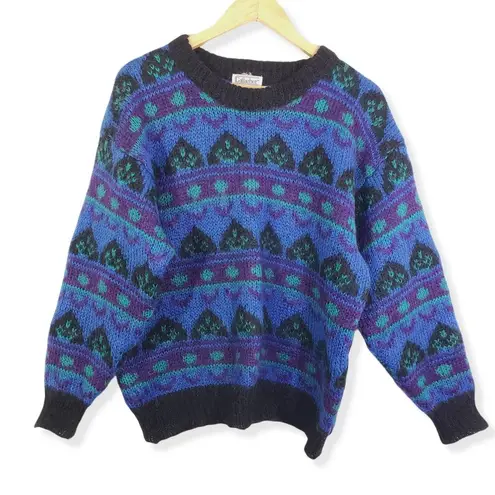 Vintage Gallagher Large Blue/Purple Geometric Cozy, Fuzzy, Knit Sweater GUC Blue