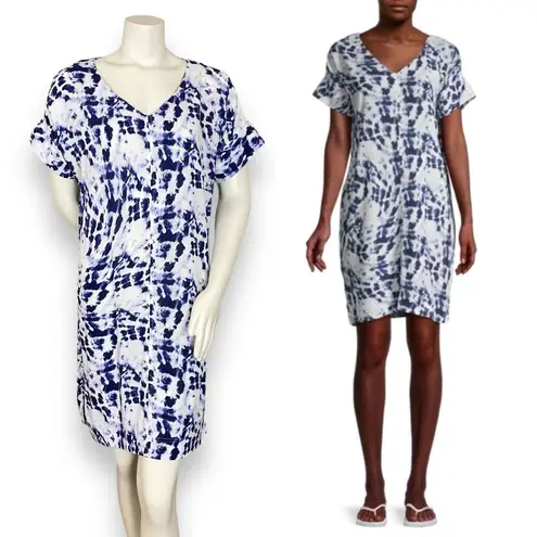 Bobeau Studio B by Dress Tie-Dye Blue White Shift Size Large Short Sleeve Rayon