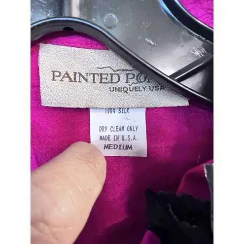 Vintage Painted Pony Jacket Womens Medium Hot Pink Shiny 100%Silk Artsy Career