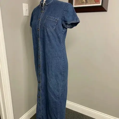 Vintage Denim Shirt Dress 10 Collared Short Sleeve Snap Button Front Cotton 90s Blue