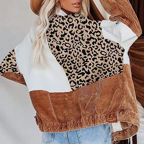 Boho Fun Women’s Denim Jacket colorblock leopard size small White