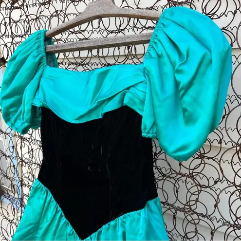 Vintage 80s 90s Roberta teal sateen black velvet v waist prom dress NWT Size XS